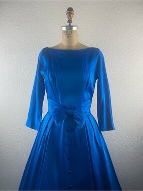 Vintage l 50s S Parklane Debs Silk Satin Fringe Bow Open V-Back Full Skirt Dress